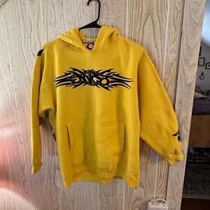 Vintage Y2K JNCO yellow hoodie with tribal velvet designs